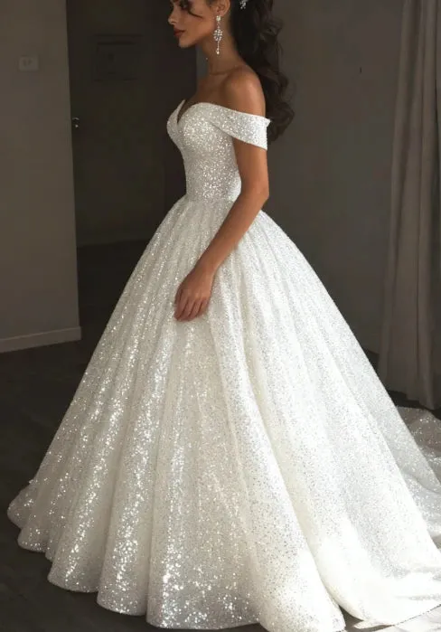 Glitter Sequin Ethereal Wedding Dress Ball Gown Off the Shoulder sold by My Chic Dress product image thumbnail 4