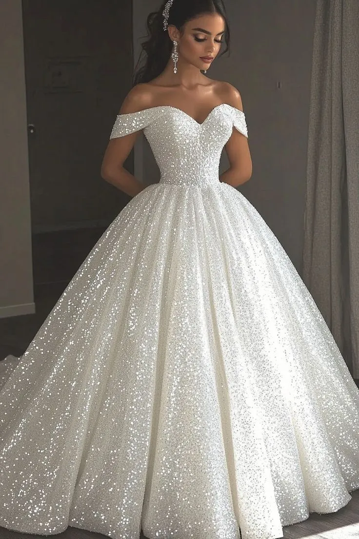 Glitter Sequin Ethereal Wedding Dress Ball Gown Off the Shoulder sold by My Chic Dress product image thumbnail 2