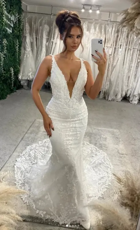 Boho Lace Bridal Gowns Deep V Neck Mermaid Wedding Dress Backless sold by My Chic Dress