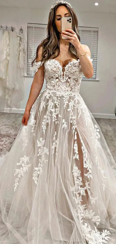 A-line Beach Flowy Wedding Dresses Lace Applique Bride Gown sold by My Chic Dress