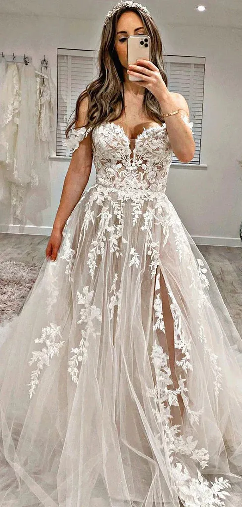 A-line Beach Flowy Wedding Dresses Lace Applique Bride Gown sold by My Chic Dress
