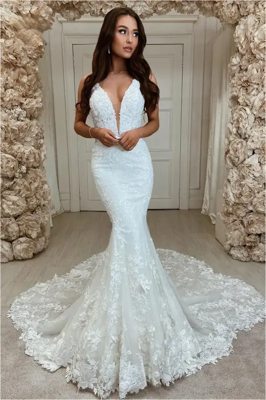 Mermaid Lace Wedding Dress Plunging Deep V Neck Applique Train sold by My Chic Dress