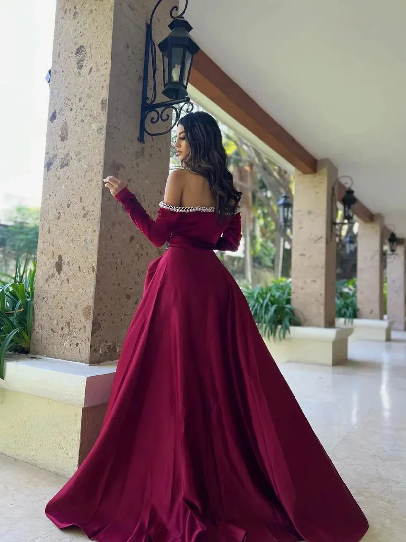 A Line Long Sleeves Burgundy Prom Dresses Satin with Pearls sold by My Chic Dress product image thumbnail 2