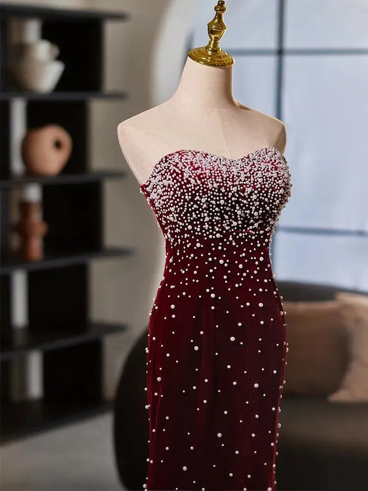 Custom made Strapless Burgundy Velvet Evening Gown Pearls sold by My Chic Dress product image thumbnail 5