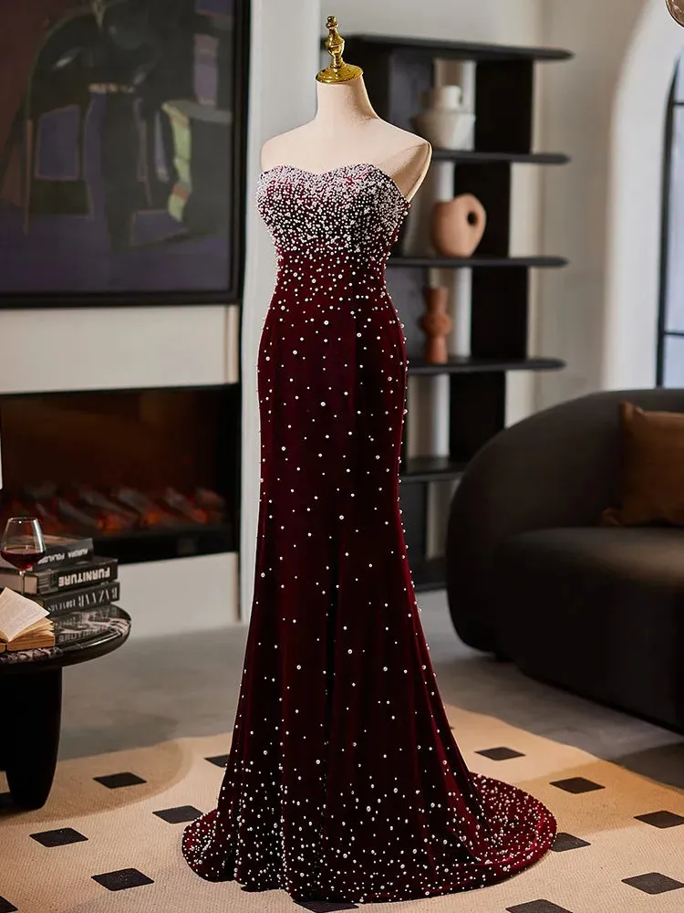 Custom made Strapless Burgundy Velvet Evening Gown Pearls sold by My Chic Dress product image thumbnail 2