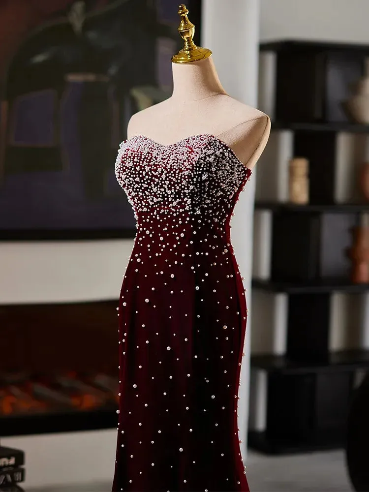 Custom made Strapless Burgundy Velvet Evening Gown Pearls sold by My Chic Dress product image thumbnail 4