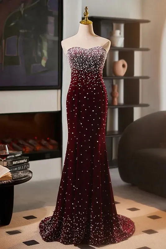 Custom made Strapless Burgundy Velvet Evening Gown Pearls sold by My Chic Dress