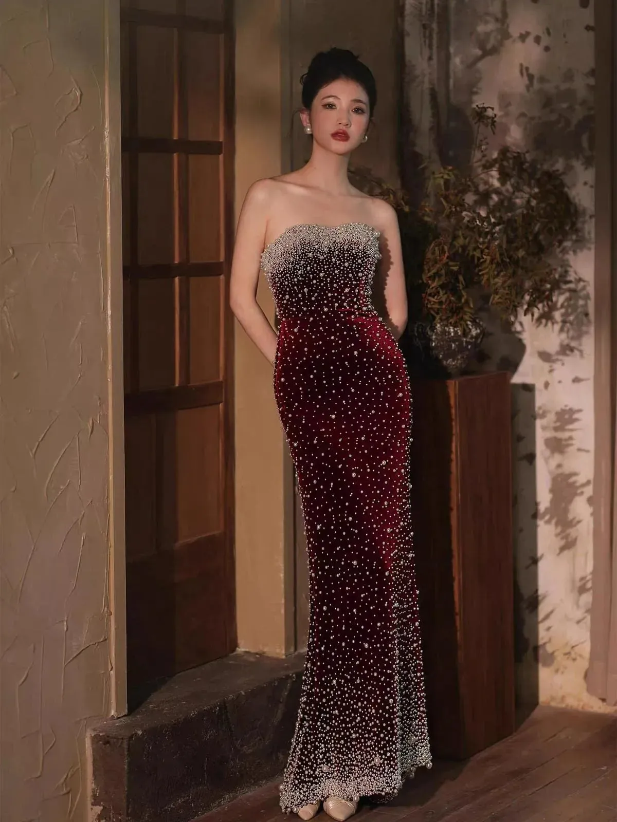 Shiny Luxury Strapless Burgundy Evening Dress Pearls Sleeveless sold by My Chic Dress product image thumbnail 5