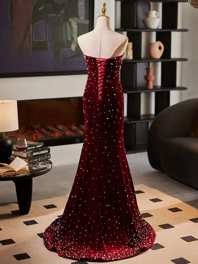 Shiny Luxury Strapless Burgundy Evening Dress Pearls Sleeveless sold by My Chic Dress product image thumbnail 4