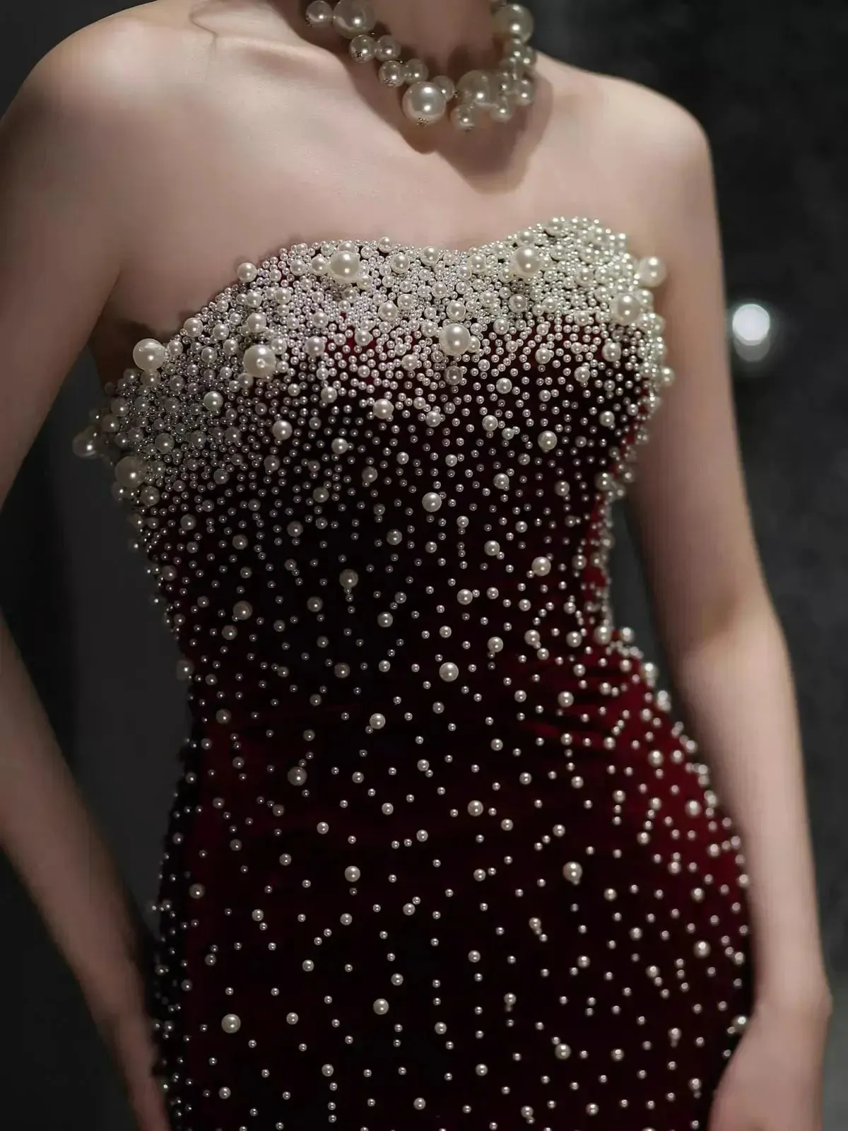 Shiny Luxury Strapless Burgundy Evening Dress Pearls Sleeveless sold by My Chic Dress product image thumbnail 2