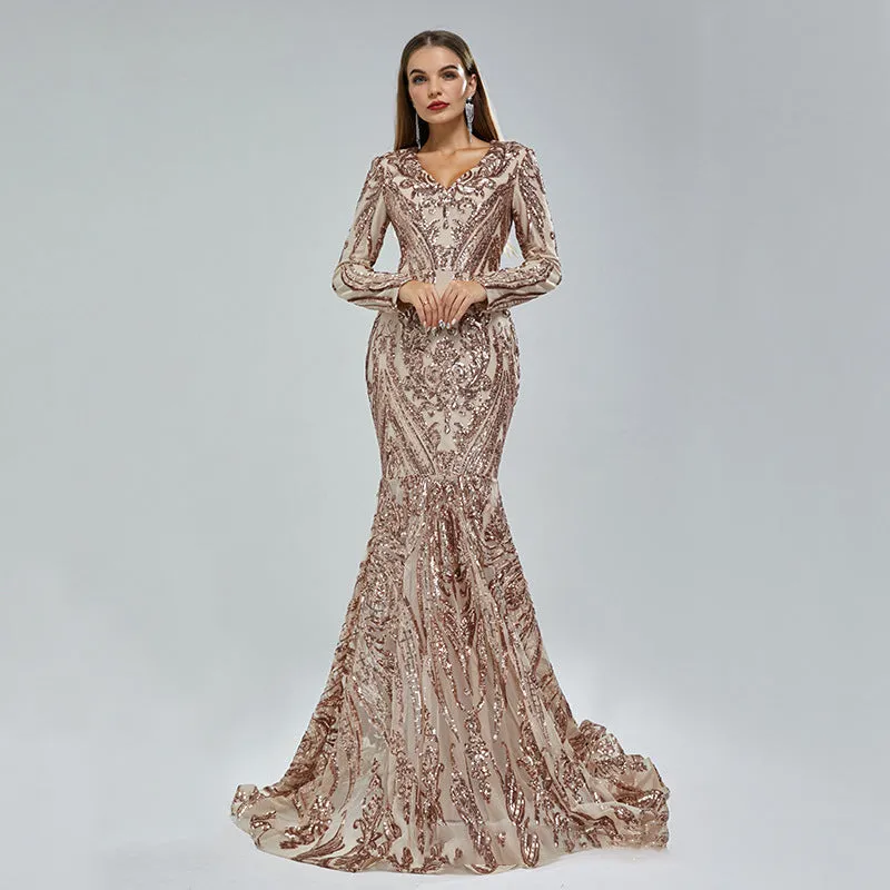 Sexy Mermaid Gold Lace Prom Dresses Long Sleeves Evening Gown sold by My Chic Dress