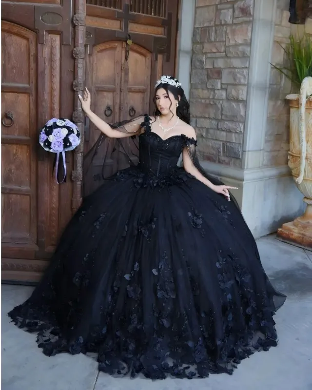 Black Sweet 16 Quinceanera Dress Cape Sleeve Sweetheart Beaded 3D Flowers sold by My Chic Dress