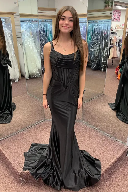 Simple Black Corset Prom Dresses Satin Mermaid Evening Gown with Bow sold by My Chic Dress