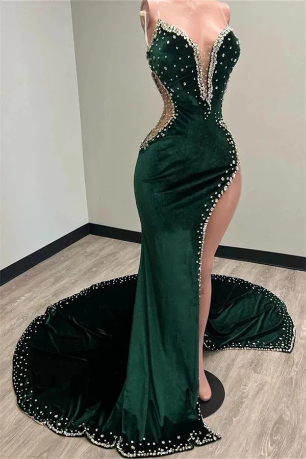 Dark Green Velvet Formal Wedding Guest Dress Beaded High Slit sold by My Chic Dress product image thumbnail 4