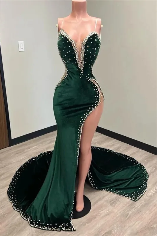 Dark Green Velvet Formal Wedding Guest Dress Beaded High Slit sold by My Chic Dress
