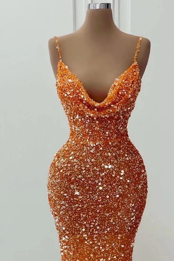 New Orange Evening Dress Sequin Mermaid Prom Dress Spaghetti Straps sold by My Chic Dress product image thumbnail 2