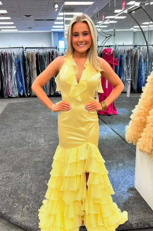 Long Mermaid Yellow Prom Dress with Ruffles Backless sold by My Chic Dress
