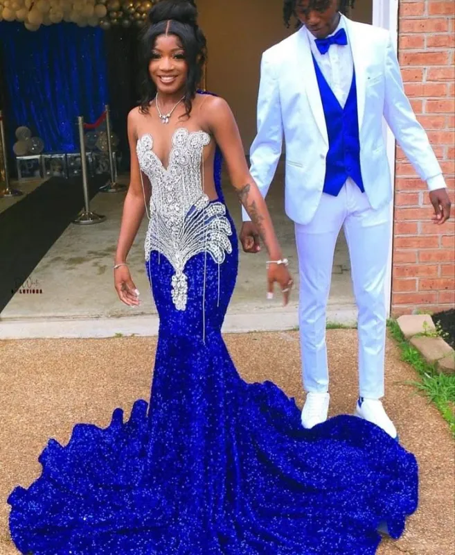 Luxury Royal Blue Sequin Long Prom Dress Silver Beaded Court Train sold by My Chic Dress
