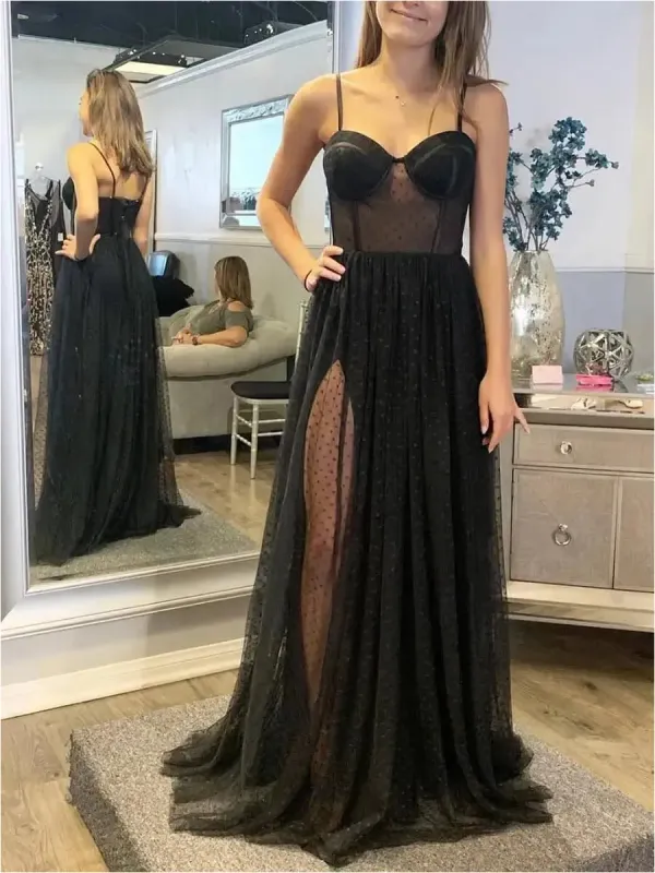 Long Black Polka Dot Prom Dresses Corset Tulle spaghetti Straps sold by My Chic Dress