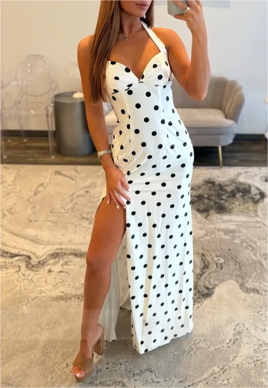 Floor-Length Polka Dot Halter Prom Dress Mermaid Sweetheart Side Slit made by My Chic Dress