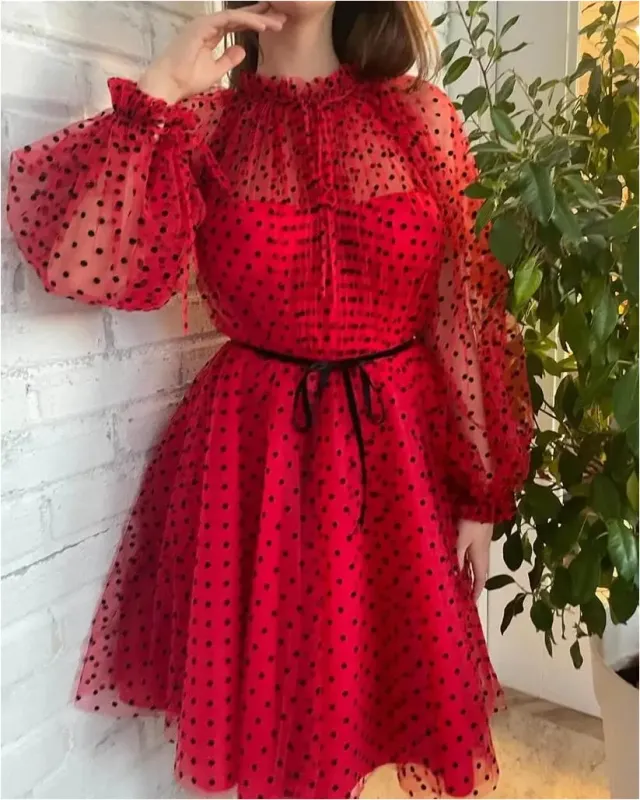 Short Red Polka Dot Prom Dress Long Sleeve Tulle Homecoming Dress made by My Chic Dress