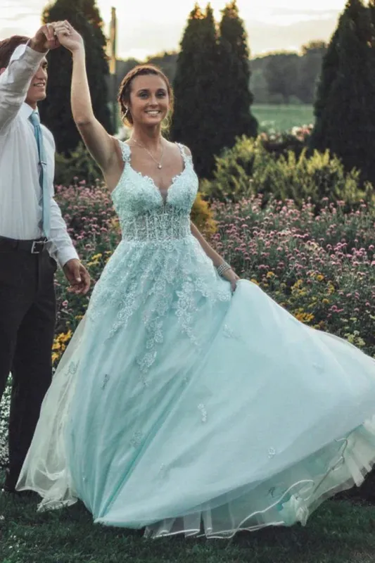 Lace Corset Prom Dresses Light Blue Off the Shoulder with Appliques sold by My Chic Dress