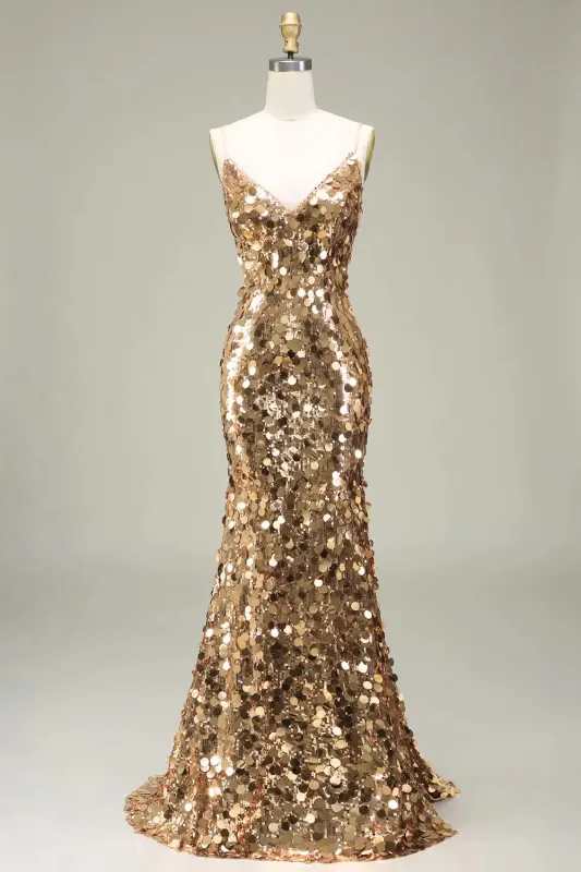 Sparkly Gold Evening Dress Sequin 2026 Prom Dress Mermaid With Slit sold by My Chic Dress