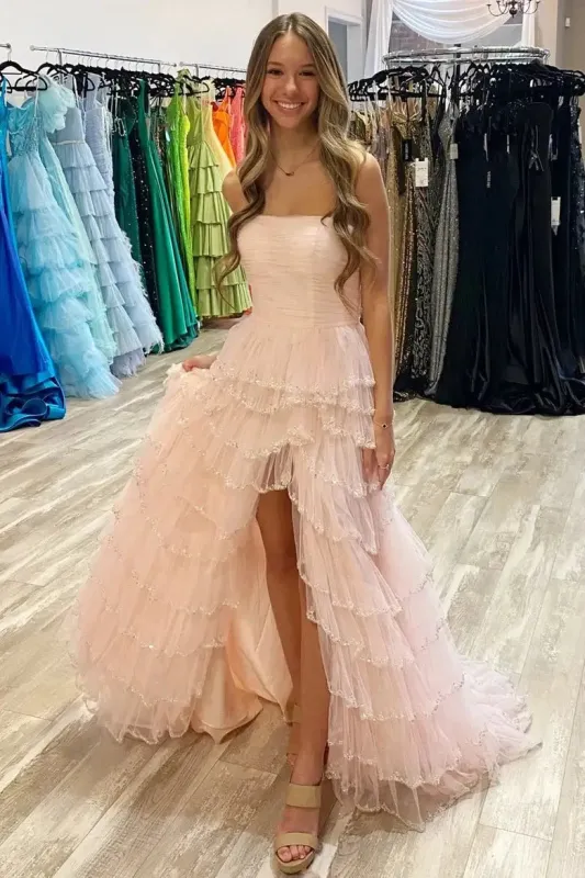 Pink Strapless Prom Dress Layered Sequin Tulle with Ruffles sold by My Chic Dress