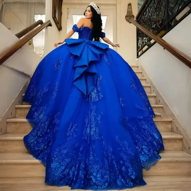 Shiny Royal Blue Off-Shoulder Quinceanera Dress Lace Applique With Bow sold by My Chic Dress