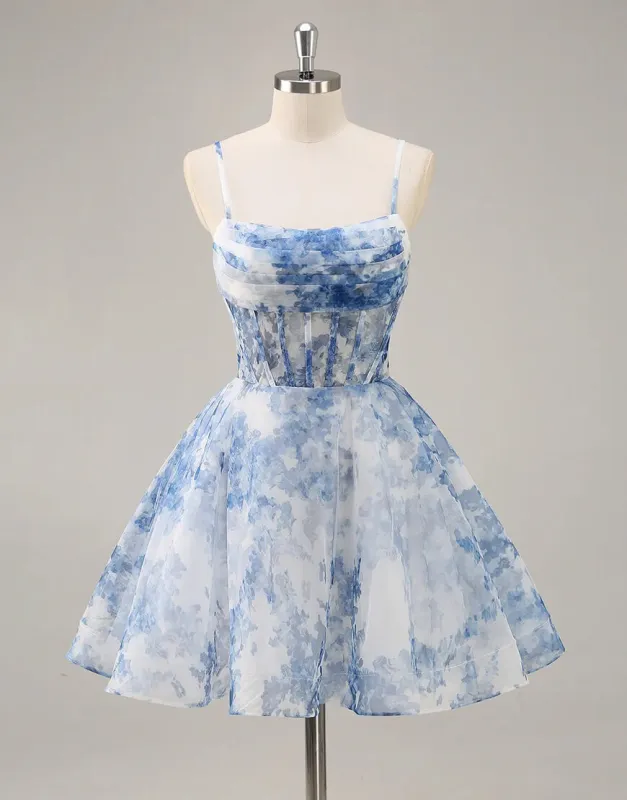 Blue Floral Homecoming Dress Corset Print Short Prom Dress A Line sold by My Chic Dress