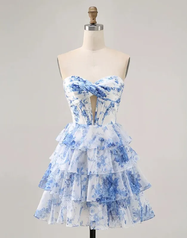 Blue Floral Short Prom Dresses Corset Tiered Homecoming Dress sold by My Chic Dress