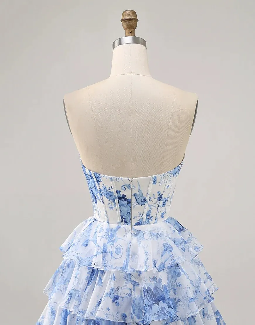 Blue Floral Short Prom Dresses Corset Tiered Homecoming Dress sold by My Chic Dress product image thumbnail 4