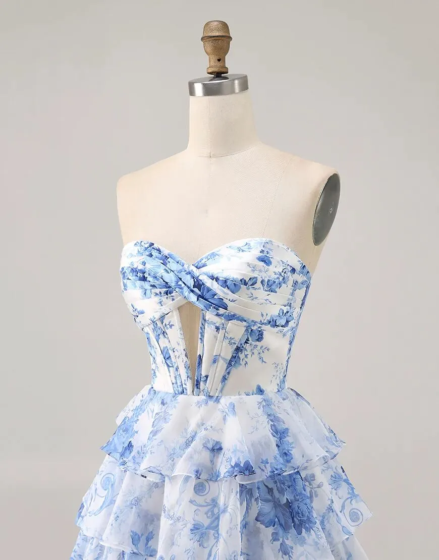 Blue Floral Short Prom Dresses Corset Tiered Homecoming Dress sold by My Chic Dress product image thumbnail 5