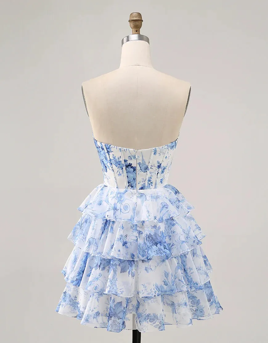 Blue Floral Short Prom Dresses Corset Tiered Homecoming Dress sold by My Chic Dress product image thumbnail 2