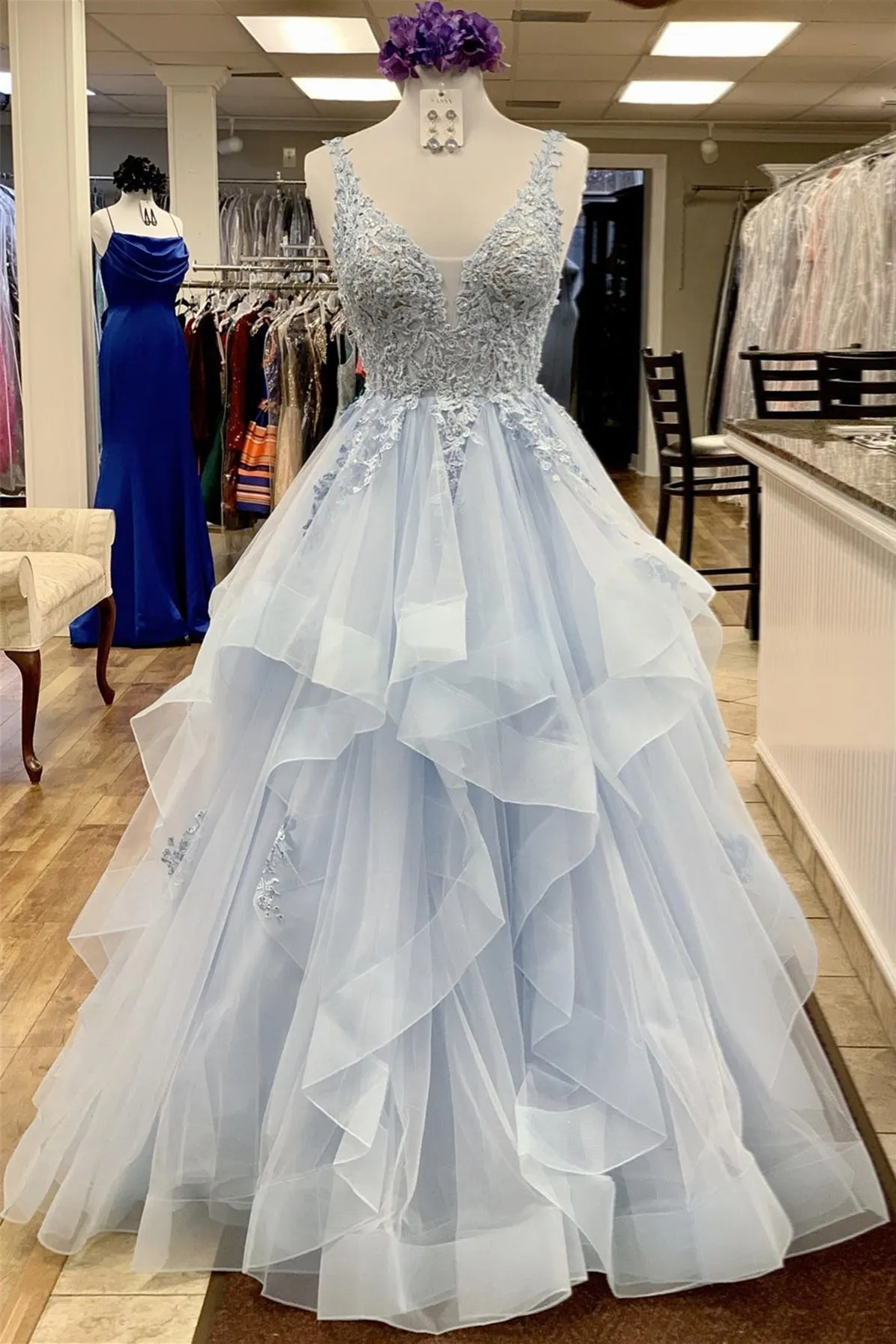 A-line Light Blue Lace Prom Dress Tiered V Neck With Ruffles Sleeveless sold by My Chic Dress