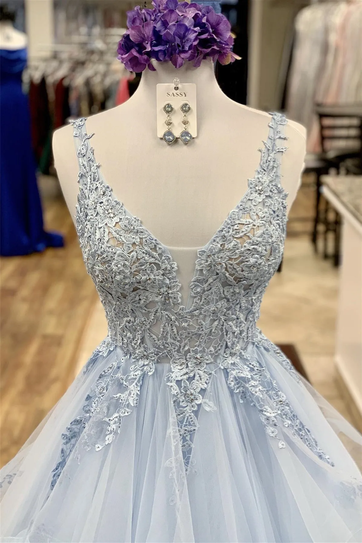 A-line Light Blue Lace Prom Dress Tiered V Neck With Ruffles Sleeveless sold by My Chic Dress product image thumbnail 2