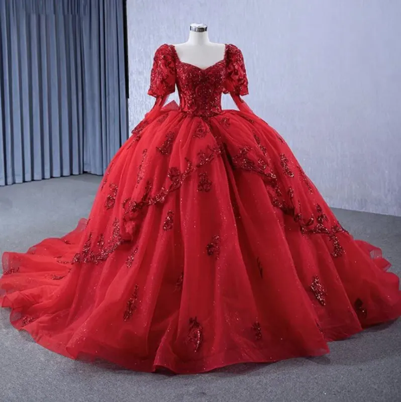 Luxury Red Quinceanera Dresses Corset Sequins Applique with Long Sleeves sold by My Chic Dress