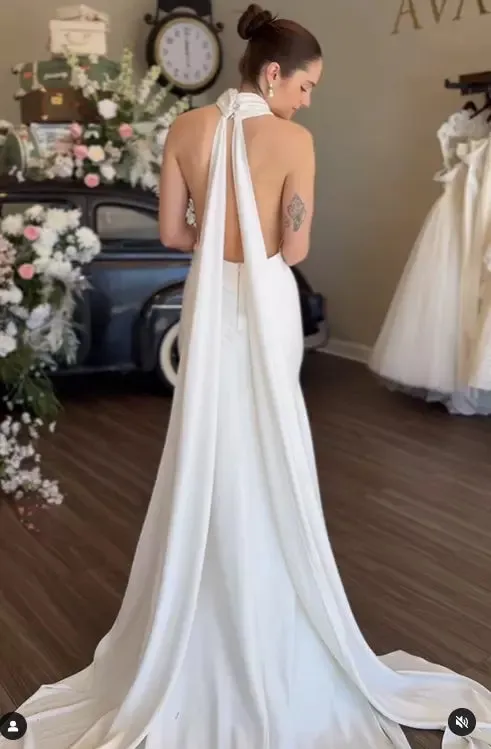 Unique Beach Halter Satin Wedding Dresses Sleeveless sold by My Chic Dress product image thumbnail 4