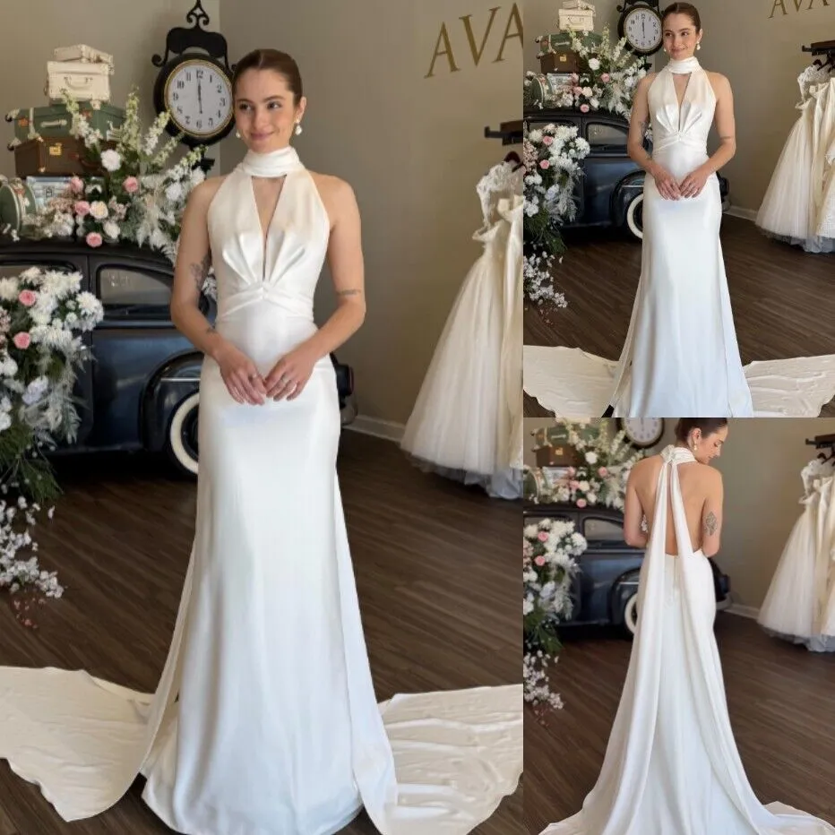 Unique Beach Halter Satin Wedding Dresses Sleeveless sold by My Chic Dress product image thumbnail 3