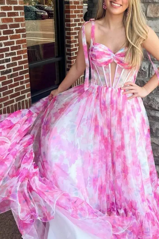 A Line Long Floral Printed Chiffon Prom Dresses Ruffled sold by My Chic Dress