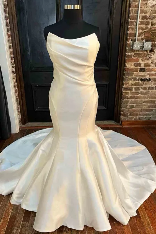 Custom Made Strapless Satin Wedding Dresses Mermaid with Buttons sold by My Chic Dress