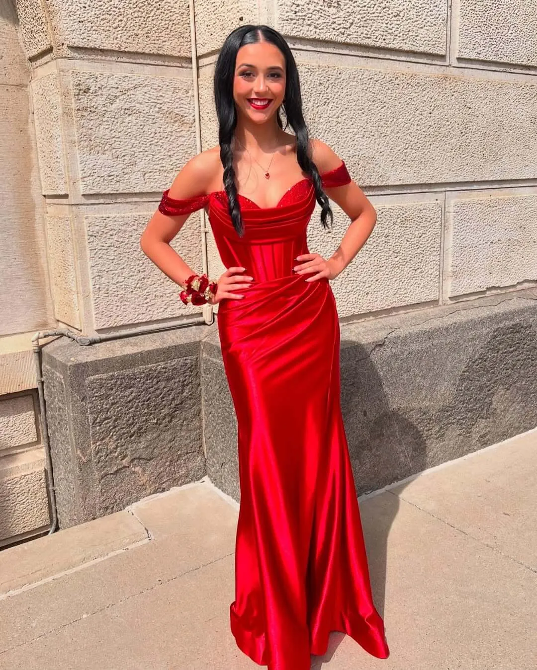 Floor Length Red Corset Prom Dress 2026 Satin Sequin Off-Shoulder sold by My Chic Dress