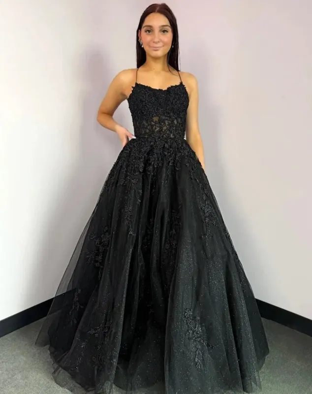 Spring Black Lace Prom Dresses A Line Tulle Evening Gowns Sleeveless sold by My Chic Dress
