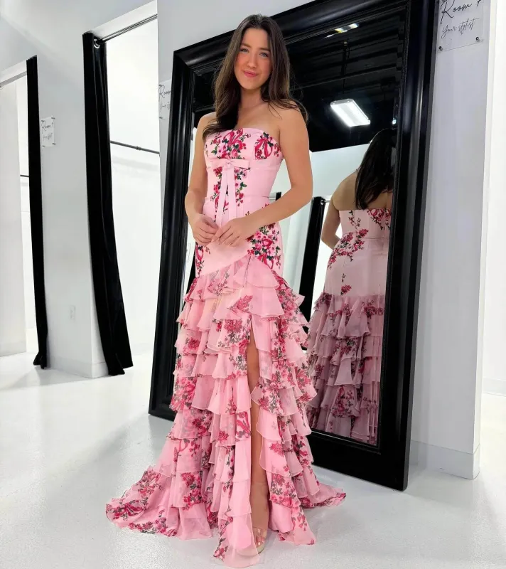 Print Strapless Pink Floral Prom Dress 2026 Ruffled Skirt Mermaid sold by My Chic Dress