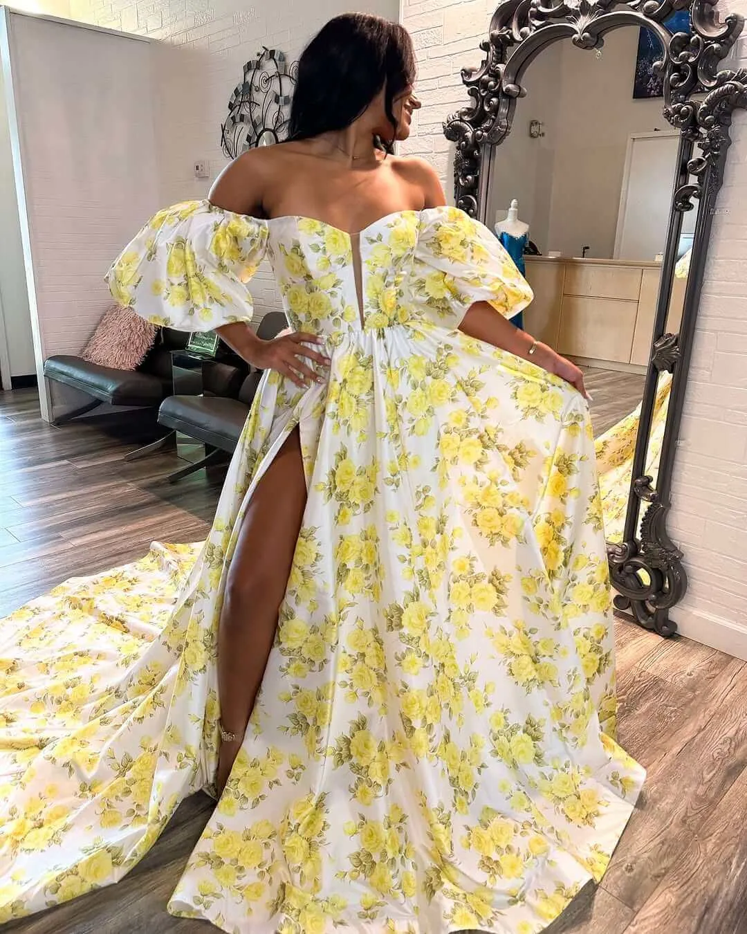 Off-the-shoulder Print Yellow Prom Dress 2026 Slit with Short Bubble Sleeves sold by My Chic Dress product image thumbnail 2