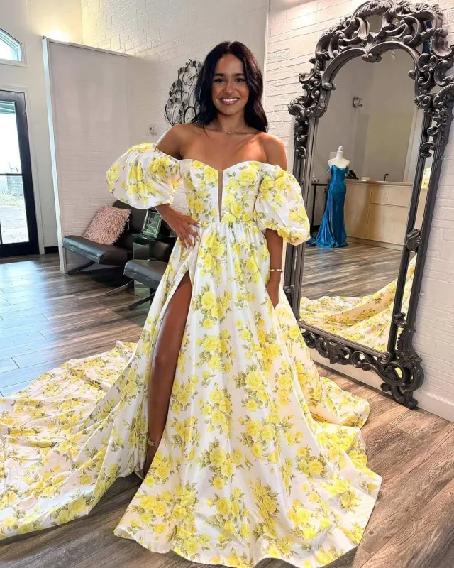 Off-the-shoulder Print Yellow Prom Dress 2026 Slit with Short Bubble Sleeves sold by My Chic Dress