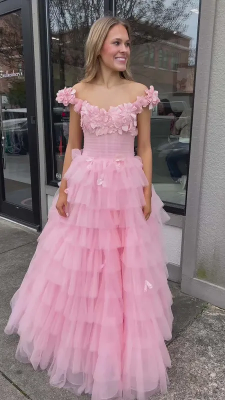 Tulle Ruffle Prom Dress Tiered Off-the-Shoulder with 3D Floral Beaded sold by My Chic Dress