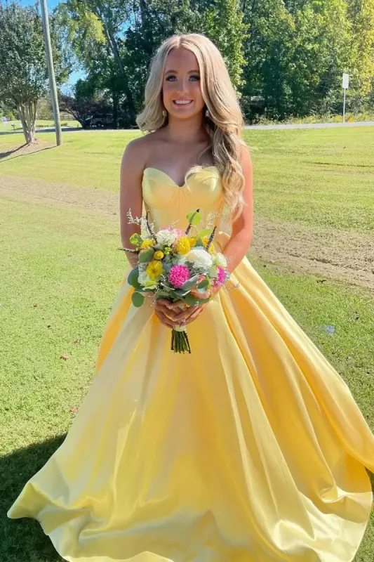 Strapless Yellow Ball Gown Satin Prom Dresses Corset Sweetheart sold by My Chic Dress