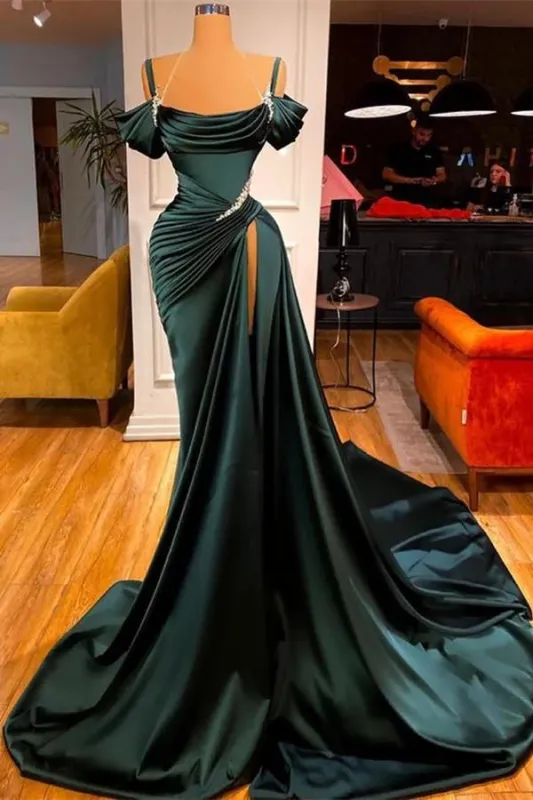 Off-the-Shoulder Corset Dark Green Prom Dress Long Beaded Slit sold by My Chic Dress