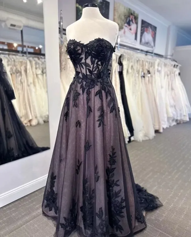 A Line Gothic Weddidng Black Dresses Lace with Detachable Sleeves sold by My Chic Dress